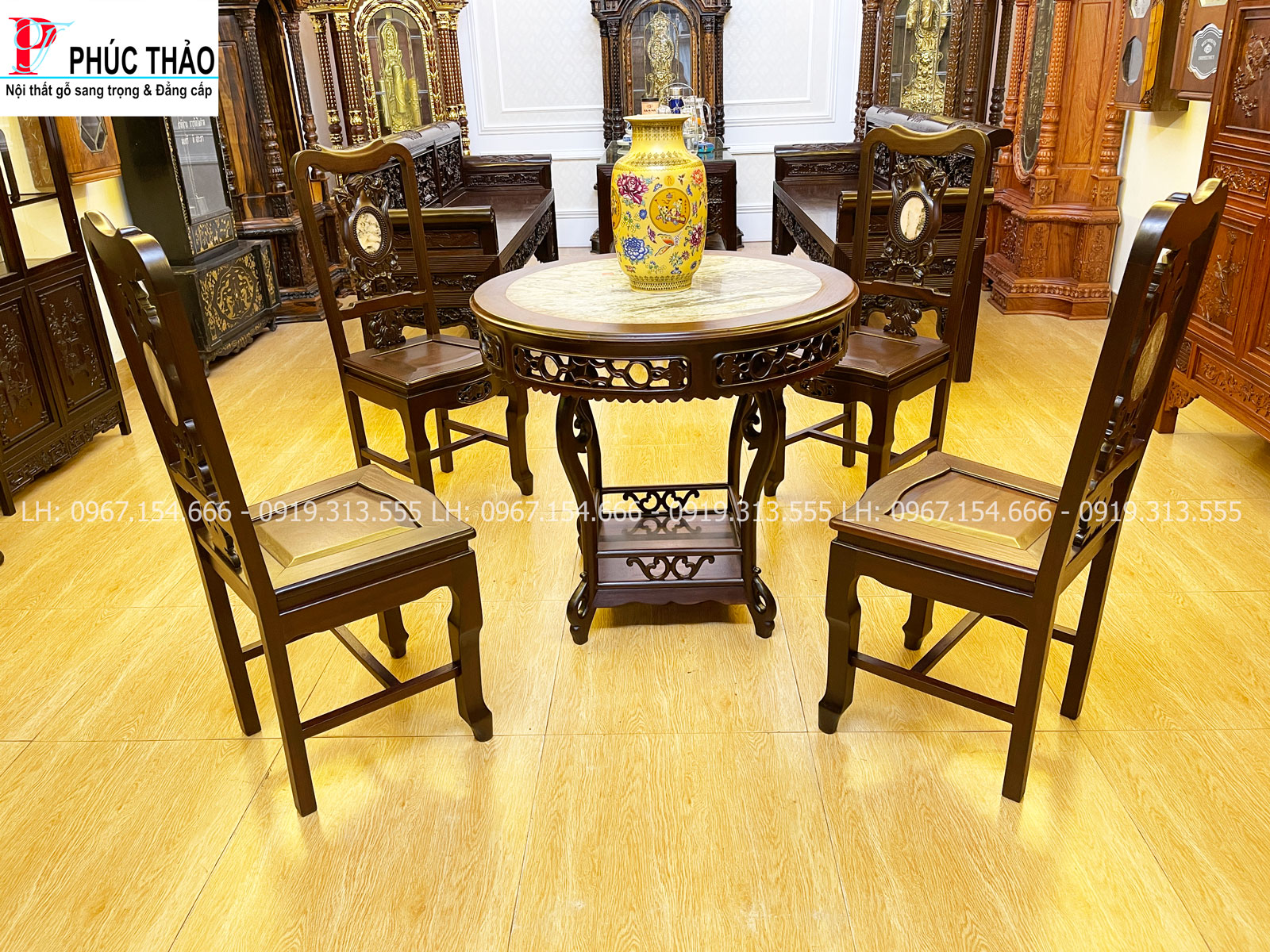 Bộ bàn ăn lối cổ chạm sen