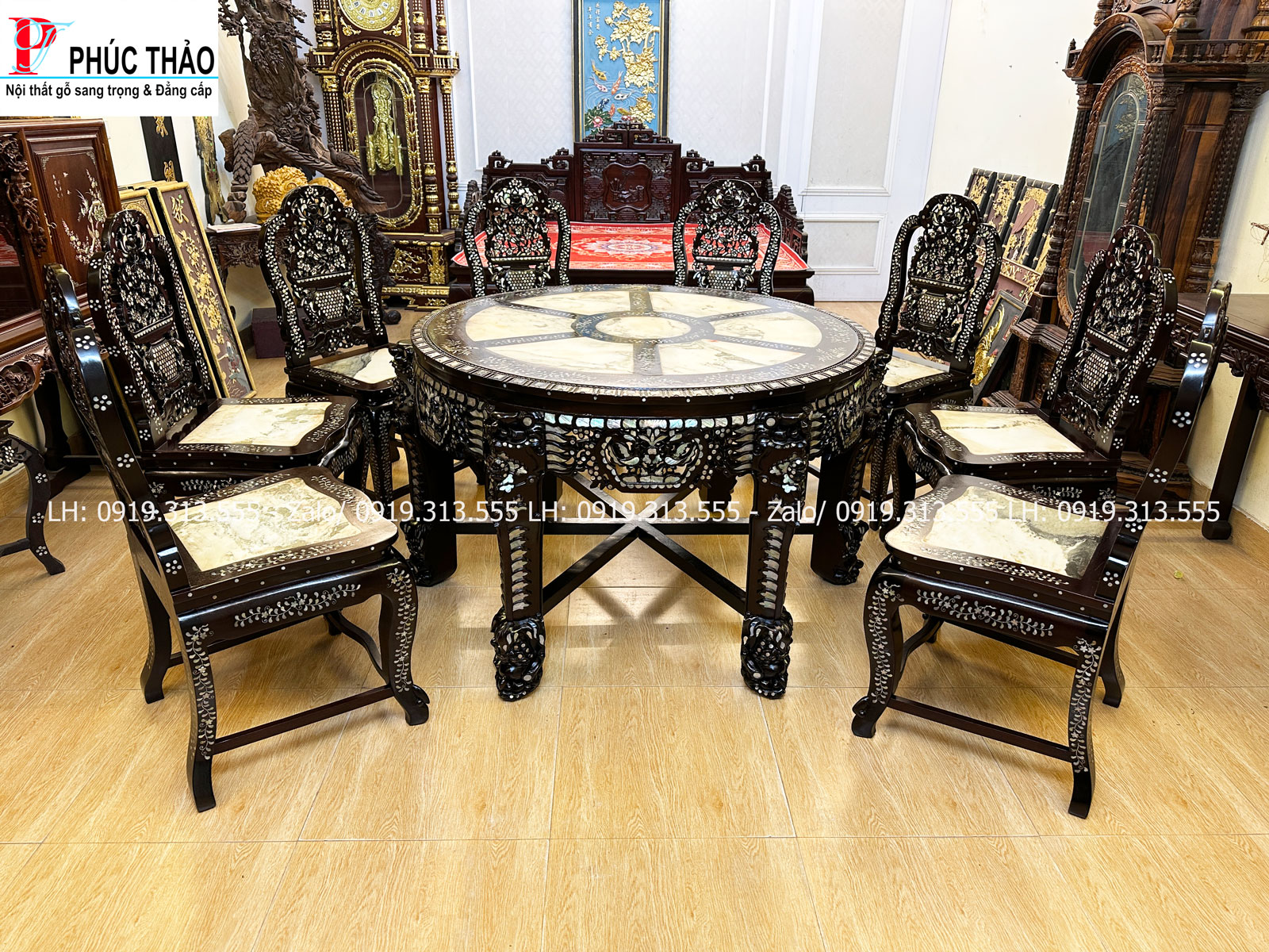 Thông tin bộ bàn ăn gỗ gụ cẩn ốc 7 món
