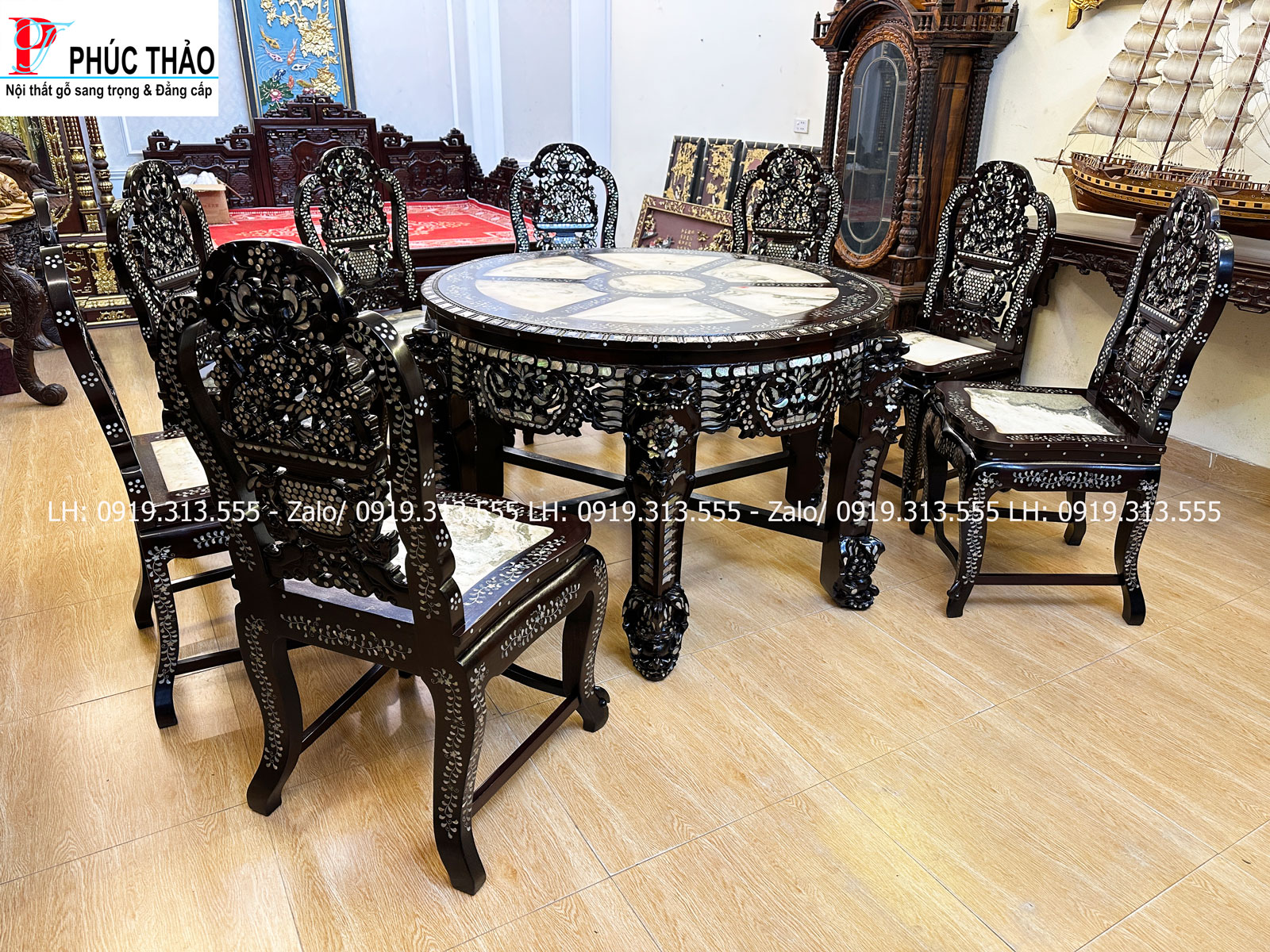 bàn ăn gỗ gụ cẩn ốc 7 món BA50