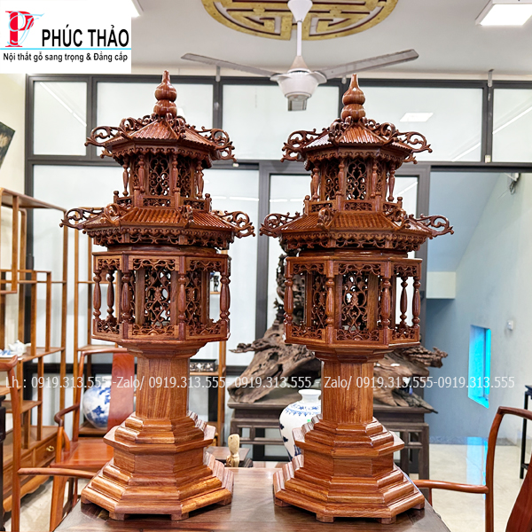 Đèn Tháp 2 Tầng Gỗ Hương 