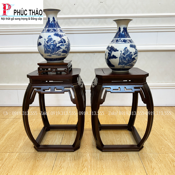 Đôn Lục Giác Chân Cong Gỗ Gụ
