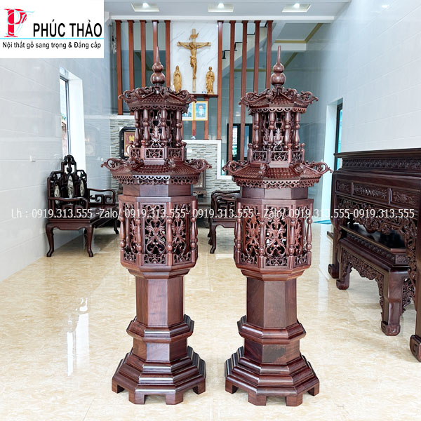 Cặp Đèn Thờ Hình Tháp Gỗ Hương 