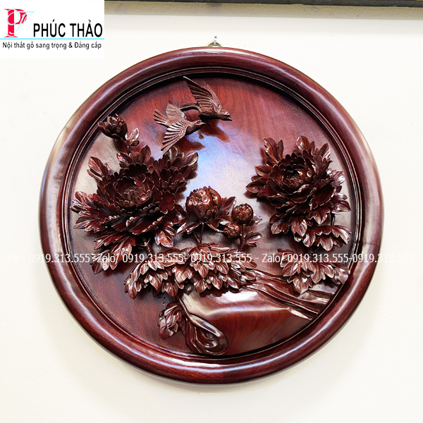 Tranh Gỗ Tròn Hoa Phù Dung 