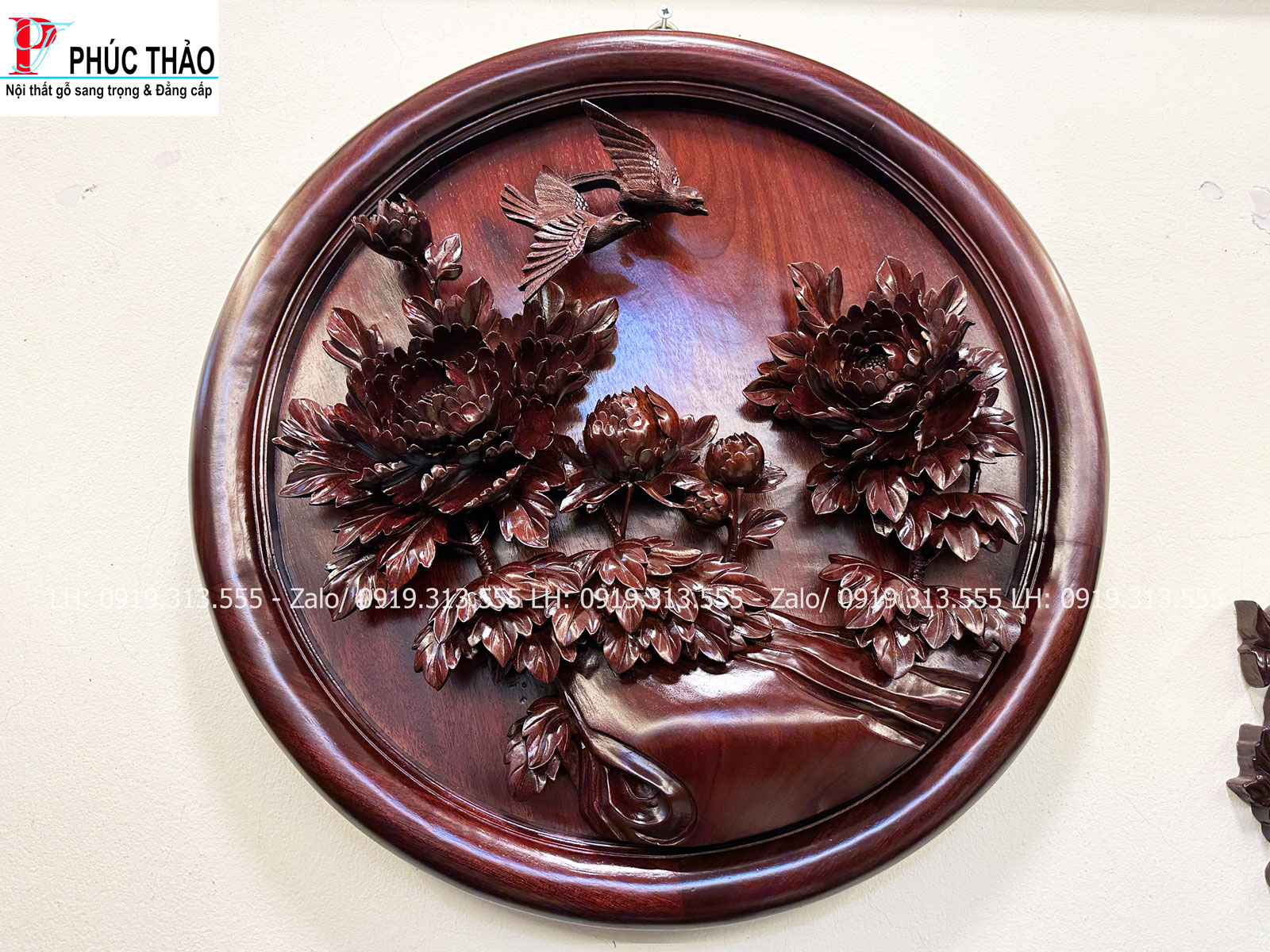 tranh gỗ tròn hoa phù dung
