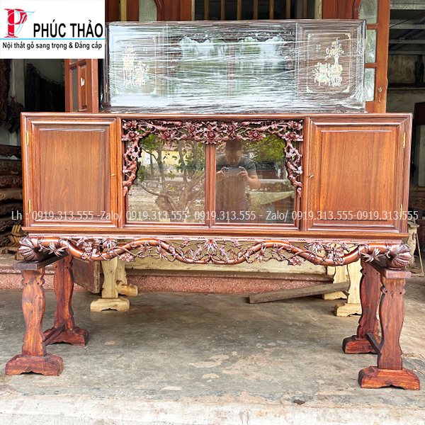 Tủ Chè Gỗ Gụ Chạm Hoa Hồng